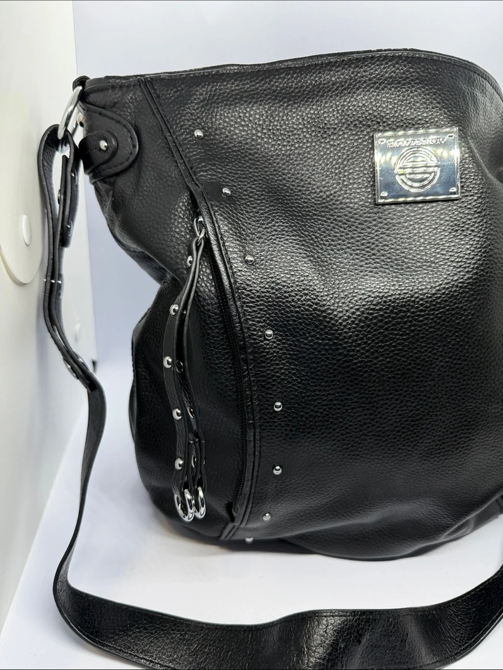 Black Stud-Trim Leather Hobo Bag